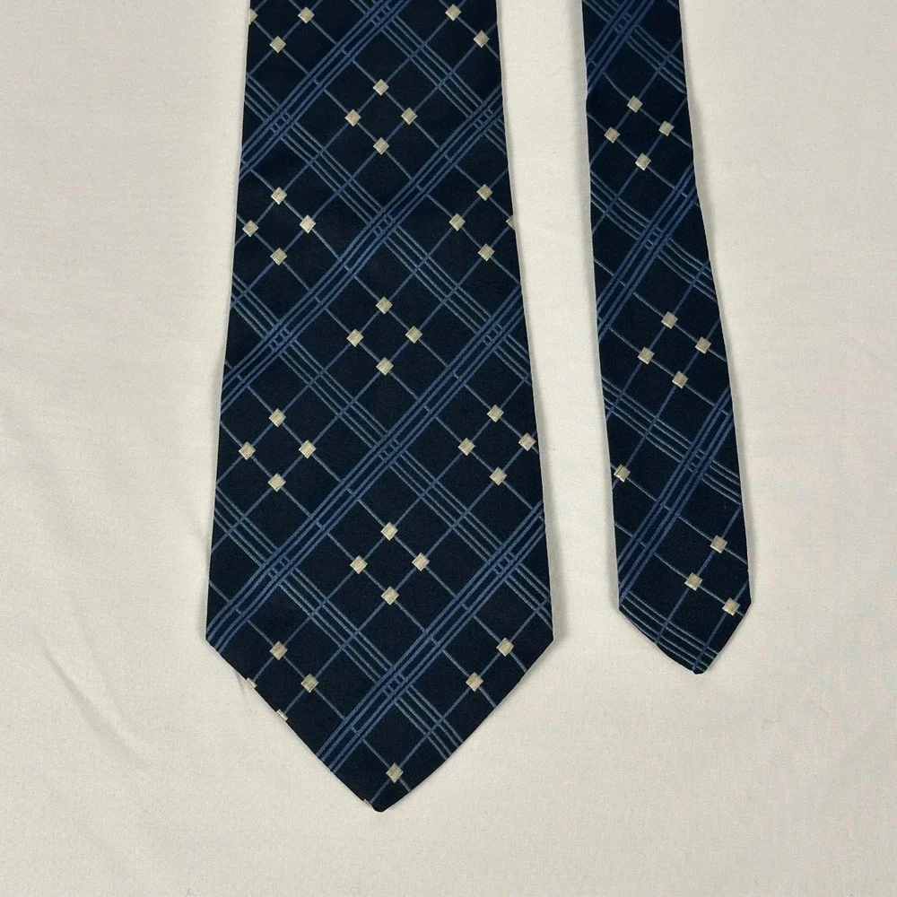 Atkinsons for Harrods Silk Tie Vintage Navy Blue Plaid Jacquard Made In Ireland